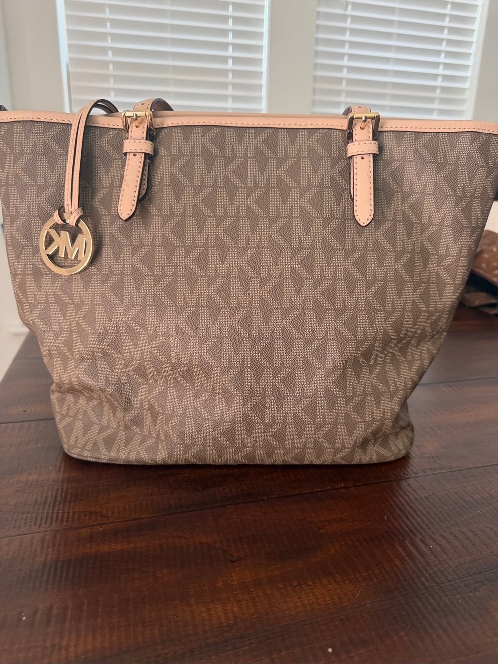 Michael Kors Brown Signature MK Tote with Pink Trim